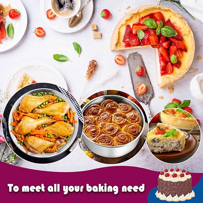 P&P CHEF 8 Inch Cake Pans Set, Round Baking Pan Stainless Steel Layer Birthday Wedding Cake Oven Pans, Non Toxic & Heavy Duty, Deep Side & Mirror Finish, Dishwasher Safe, (4Pcs)