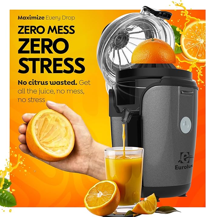 Eurolux Hands-Free Electric Citrus Juicer Machine, Orange Lime Grapefruit Lemon Squeezer, Easy to Clean, 2 Cone Sizes (Gray)