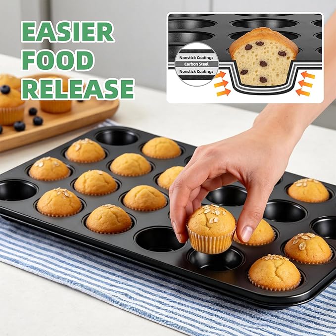 P&P CHEF 24-Cup Mini Muffin Pan Tin, Nonstick Carbon Steel Cupcake Pans, Versatile Bakeware Ideal for Mini Muffin Cupcake Egg Tart Pudding, Oven Safe & Even Bake, Healthy & Easy Clean, Black, 1Pc