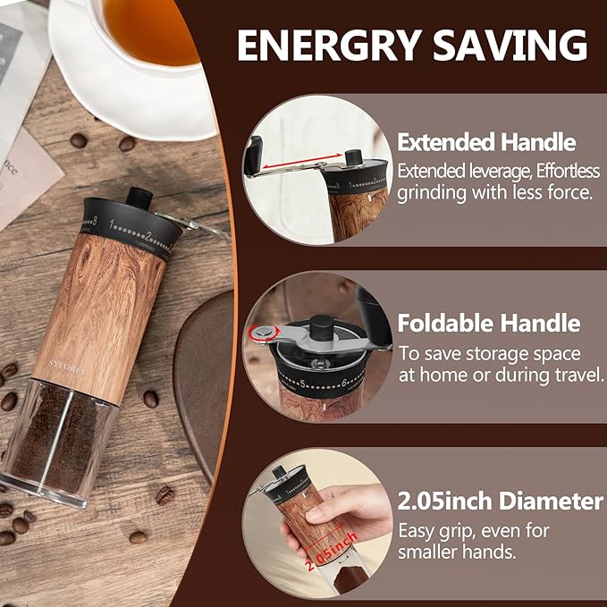 SYLORIA Manual Coffee Grinder with 56 External Adjustable Settings Hand Coffee Bean Mill with Ceramic Burr and Foldable Handle