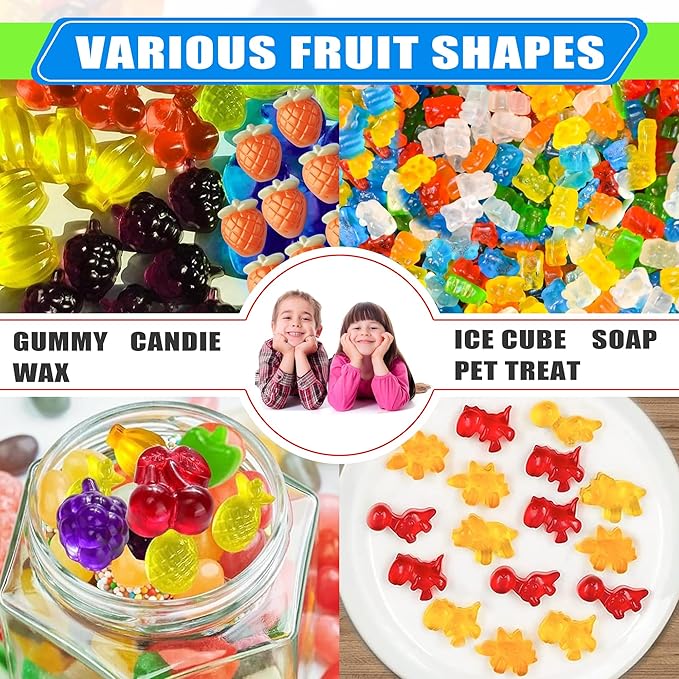 Silicone Gummy Molds Set of 4, Non-stick Candy Chocolate Molds with 2 Droppers 2 Clean Brush, Includes Dinosaur Bear Fruit Animal Shape