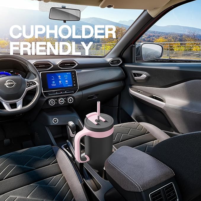 POWCAN 50 oz Tumbler with Handle 2 Pack, 2-in-1 Straw & Sip Lid, Leakproof, Dishwasher Safe, Insulated Stainless Steel Coffee Mug, Keeps Cold for 34 Hours, Fits in Car Cup Holder(Might & Barbie)