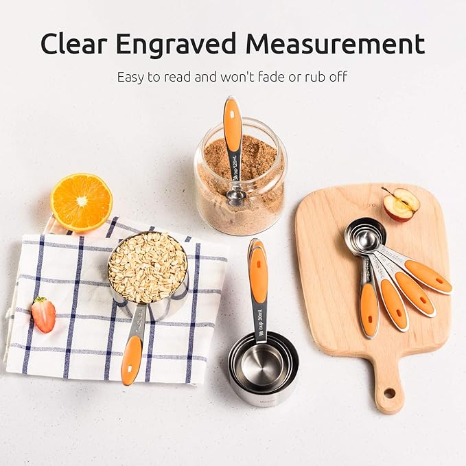 U-Taste 10 Piece Measuring Cups and Spoons Set in 18/8 Stainless Steel, and 18/8 Stainless Steel 5.5 inch 30 Mesh Strainer (Orange)