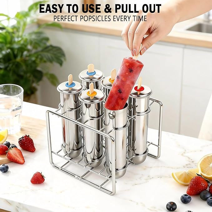 Stainless Steel Popsicle Molds Set 6 Pieces Ice Pop Maker, Homemade Popsicle Molds Maker with 50 Sticks, 20 Bags, 14 Silicone Seals, 1 Cleaning Brush and 1 Stand, DIY Ice Pop Mold for Kids (Round)