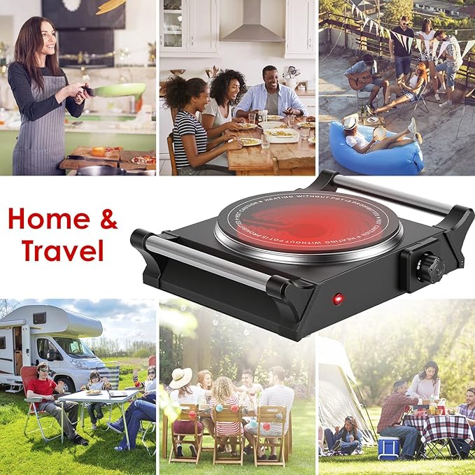 Electric Countertop Single Burner, 1000W Cooktop with Crystal Glass Hot Plate, 5-Level Stepless Temperature Control, Stay Cool Handles, Easy to Clean, Compatible Cooking Stove for Office Home RV