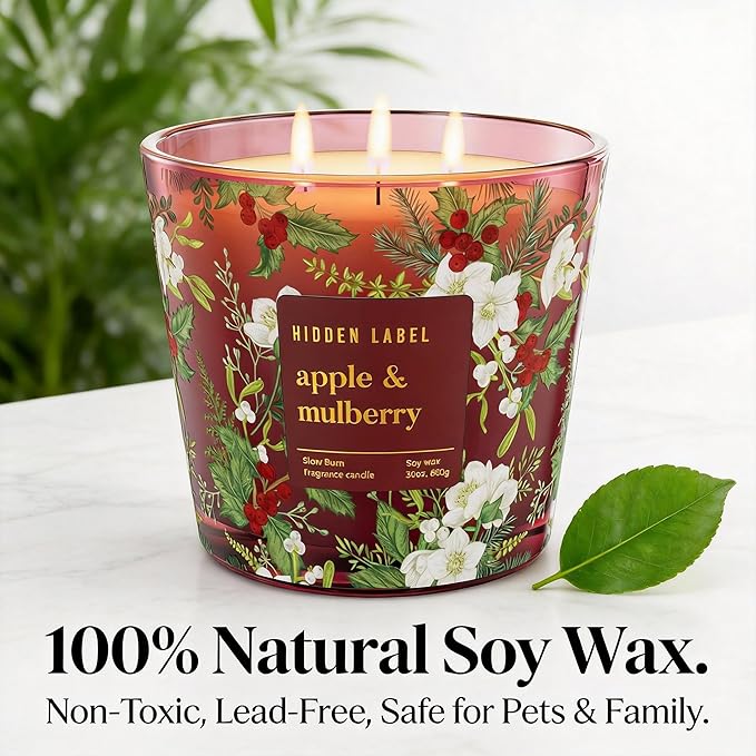 Apple Mulberry Scented Candle, 30oz 3 Wick Large Candle, 100H Long Burn Natural Soy Wax, Sweet Autumn & Winter Holiday Fragrance, Festive Gift for Women & Home Decor | Hidden Label