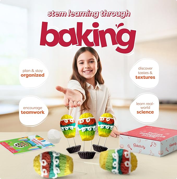 Hot Air Balloon Madeleines Kids Baking Kit STEM Learning Activity Pre-Measured Ingredients Silicone Madeleine Mold Colorful Batter & Icing Decorating Set Educational Recipe Book for Fun Family Baking