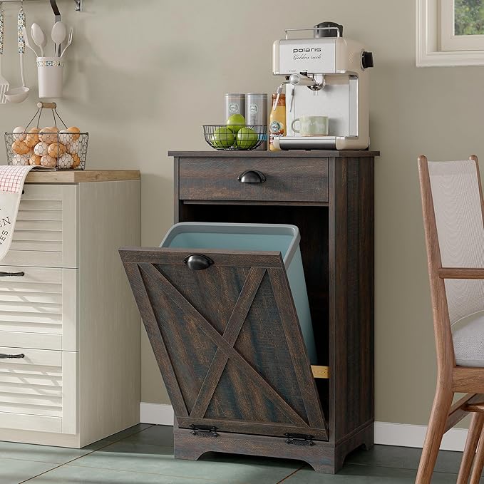Furniouse Single Tilt Out Trash Can Cabinet with Drawer, 10 Gallon Wood Garbage Cabinet for Kitchen, Dark Brown