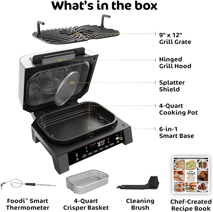 Ninja DG551 Foodi Smart XL 6-in-1 Indoor Grill with Air Fry, Roast, Bake, Broil, & Dehydrate, Foodi Smart Thermometer, 2nd Generation, Black/Silver
