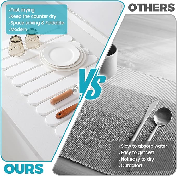 Extral Large Quick Dry Stone Drying Mat for Kitchen Counter,28"(L)x16"(W) Collapsible Eco-Friendly Absorbent Diatomaceous Earth Mat for Dishes Cups,Dish Drying Mats (White-Ellipse, 28x16 inch)