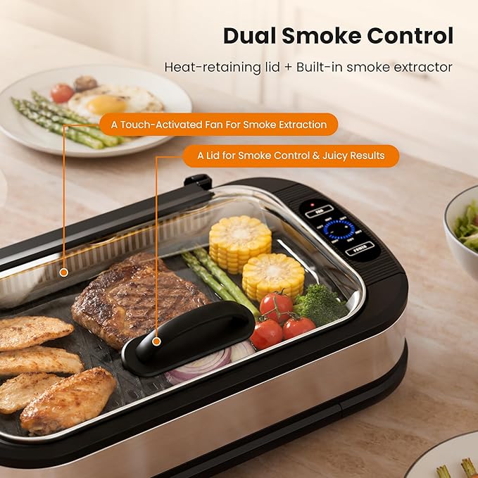 Kismile Smokeless Indoor Grill, 1500W Electric Grill Indoor with Tempered Glass Lid, Non-Stick Korean BBQ Grill with 6-Level Temp Control, Dual-Turbo Smoke Extractor, Drip Tray & Dishwasher-Safe Parts