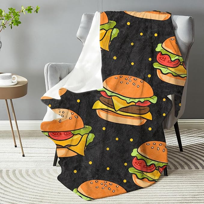 Funny Hamburger Theme Plush Throw Blanket - Soft, Comfy, Lightweight, Warm, and Fuzzy - Ideal Gift for Men and Boys - Perfect for Couch, Bedroom, Travel, Bed - 50x60 inches