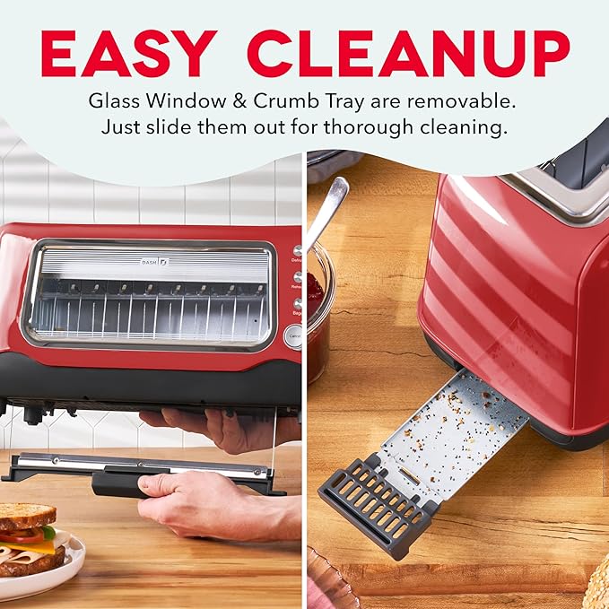 Dash Clear View Toaster - Features Large Window & Extra-Wide Slots - Auto-Shut Off Feature - Bagel Functions, & Seven-Browning Levels - 1-Touch Defrost - Red