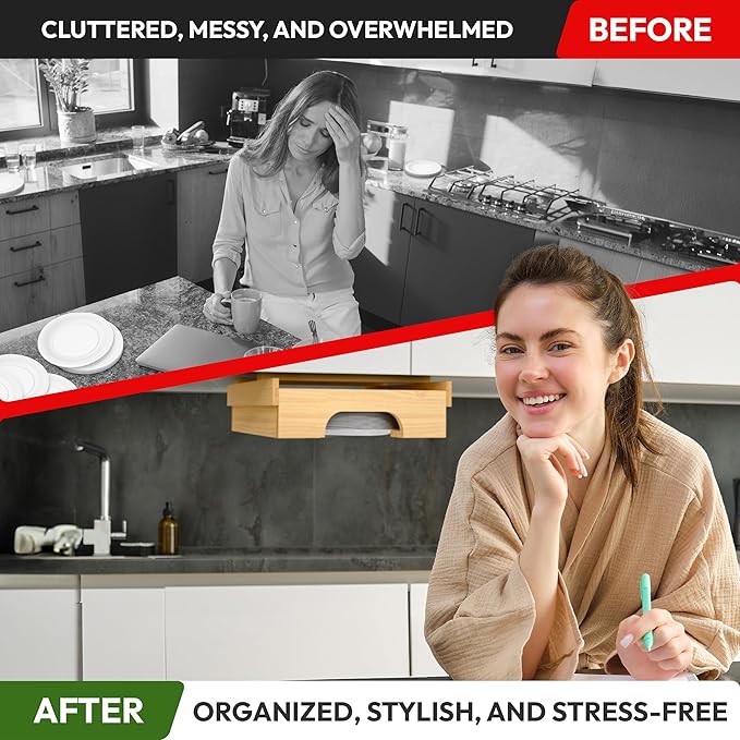 10 inch Paper Plate Dispenser Holder Bamboo Under Cabinet Vertical Rack for Kitchen Countertop Organizer Space Saver Shelf Lid Holder Counter Storage Can Dispenser Pantry Aid Caddy Estante wood