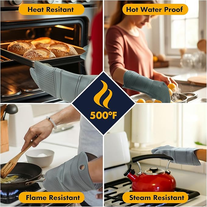 6 Pack Oven Mitts and Pot Holders Sets,Silicone Oven Mitts &Hot Pads,Long Cooking Gloves,Kitchen Trivet Mats,Kitchen Home Essentials,12.9" Mitts 7" Trivets (1*Pair Grey Oven Mitts+4*Trivet)