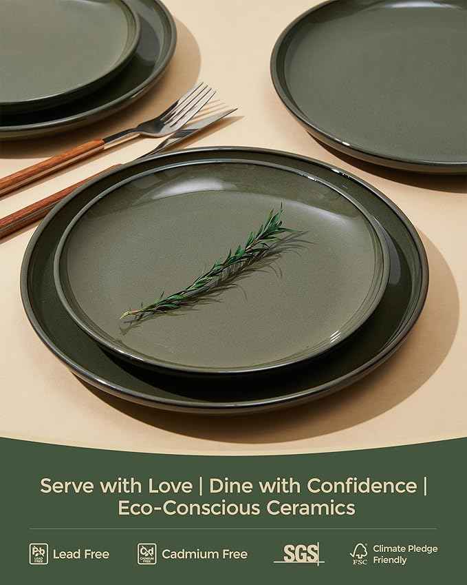 24 Piece Dinnerware Set for 8, Santorini Mist Terracotta Plates and Bowls Sets, Complete Stoneware Dish Set for Large Families and Entertaining, Microwave & Dishwasher Safe, Blackish Green
