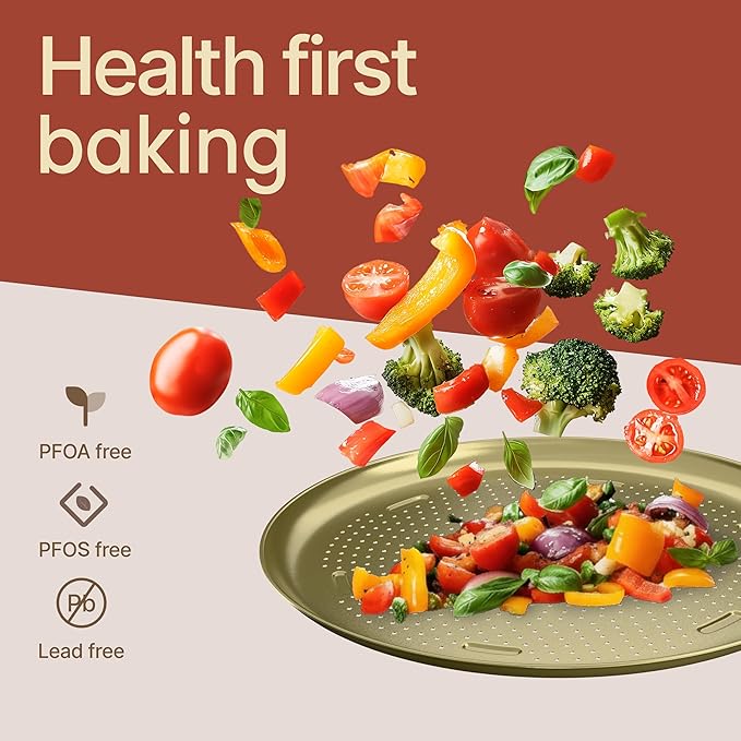 Bakken 16 Inch Non-Stick Pizza Pan 1 Pack, Round Carbon Steel Pizza Tray with Perforated Holes, PFOA, PFOS, & PTFE-Free, Dishwasher & Oven Safe Up To 450°F, Durable Nonstick Coating, Gold