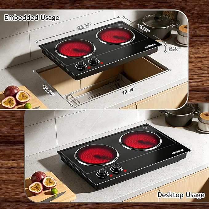 CUSIMAX Double Burner, 1800W Ceramic Electric Hot Plate for Cooking, Dual Control Infrared Cooktop, Portable Countertop Burner, Glass Plate Electric Cooktop, Stainless Steel Black