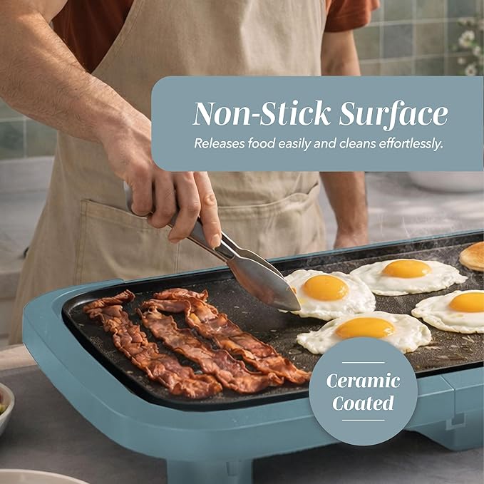 COOK WITH COLOR Electric Griddle 1200W, Nonstick Surface for Pancakes, Burgers, Eggs & More, Removable Temperature Control, Slide-Out Drip Tray, 10" x 16" Cooking Area, Slate Blue