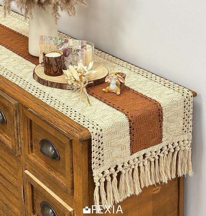 FEXIA Boho Table Runner for Home Decor with Tassels 60 Inches Long,Caramel Farmhouse Rustic Table Runner Macrame Burlap Table Decoration for Living Room Bridal Shower(12x60 Inches)