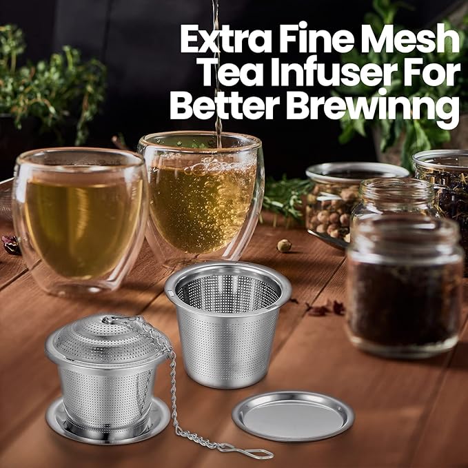 Zopeal 9 Pcs Tea Infuser Stainless Steel Strainer with Extended Chain Hook and Saucer Loose Leaf Steeper Fine Mesh Ball Tea Filter for Brew Spices Seasonings Fits Cup Mug Bottle (Small)
