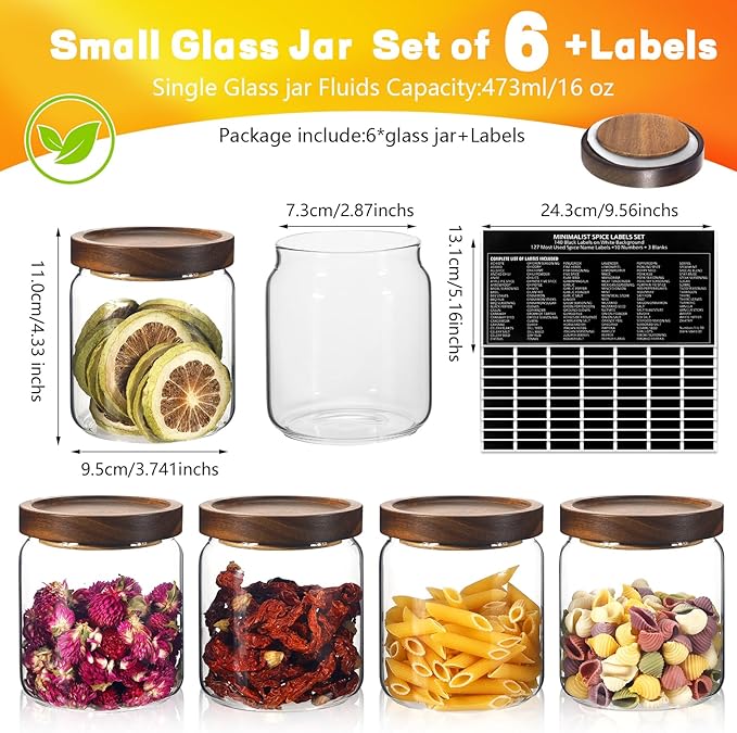 Glass Spice Jars Seasoning Containers Small Glass Jars with Lids Airtight Food Storage Canister for Kitchen Pantry Sugar Tea Coffee Bean Nuts Cookies Herbs Salt (16oz/473ml*6 pack)