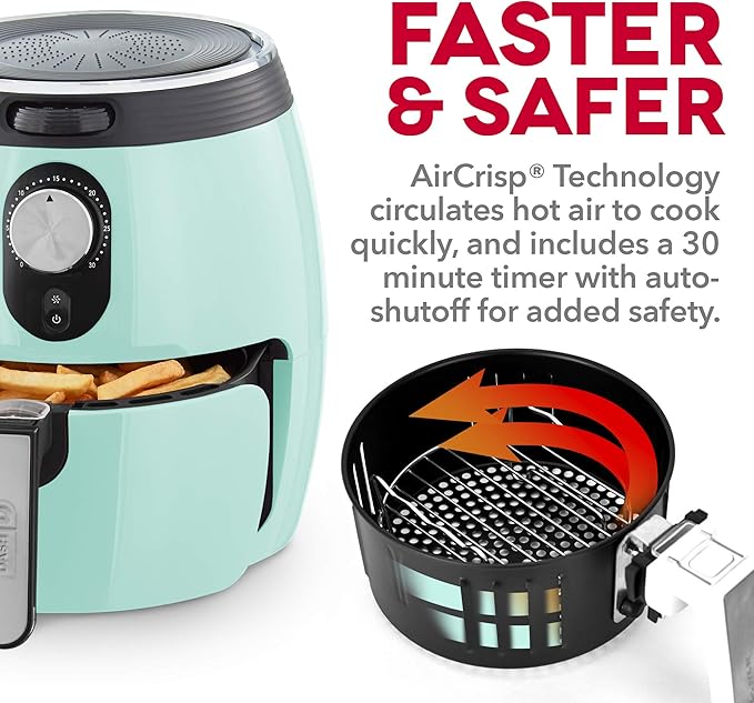 Dash Deluxe Air Fryer -Has AirCrisp® Technology - Adjustable Temperature Control & Auto Shut-Off Feature - Compact Nonstick Basket - 3 Quarts - Aqua