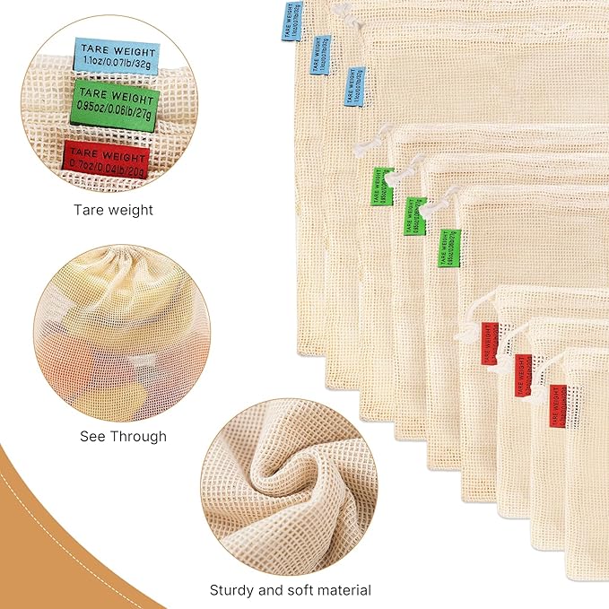 Ycsst Reusable Produce Bags 6 Pack, Cotton Mesh Vegetable Bags for Grocery Shopping, Washable Mesh Produce Bags for Fruits & Vegetables Storage (2S,2M,2L)