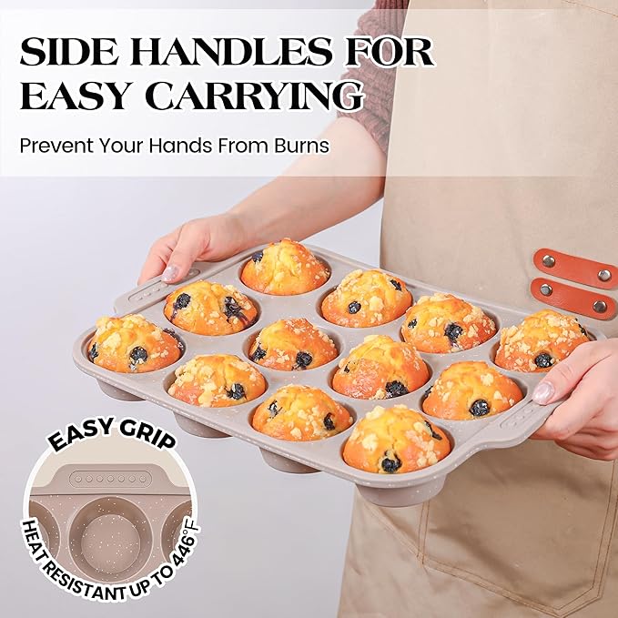 2 Pcs Silicone Muffin Pans for Baking with Metal Reinforced Frame, Nonstick Cupcake Tray for Oven, 12 Cups Regular and 24 Cups Mini Size Silicone Molds for Egg Bites (Brown, Cream)