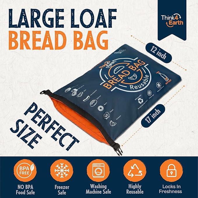 Think4Earth® – Bread Bag - Reusable Freezer Bag for Homemade Bread Maker Gift Giving - Container for Sourdough Loafs Storage, Large Bags with Double Lining