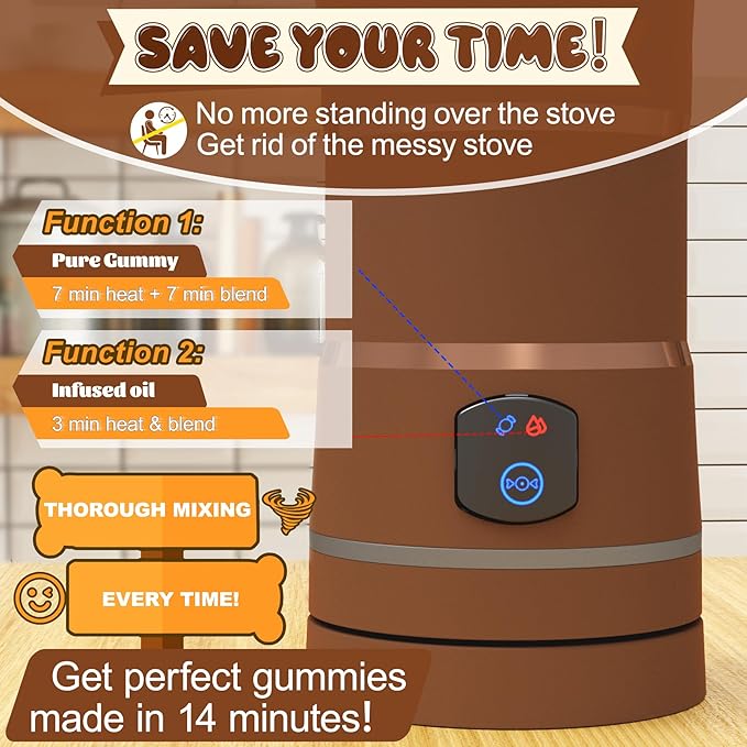Gummy Maker Machine, Oil Infused Gummy Candy Maker, DIY Edible Gummy, Jelly & Pudding, Gummy Making Kit, , Include 1 Bear Mold, 1 Fruit Mold, 2 Dropper &1 Mixing Stick 5-Years Free Replacement (Brown)