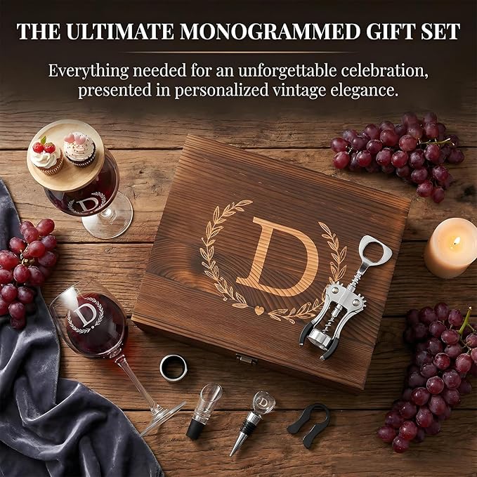 GZLDGIFTS Personalized Initial Wine Glasses Box Gift Set For Women Mom Engraved Birthday Monogrammed Wooden Christmas Gifts Wedding Anniversary Wine Couples Stopper Opener Initial Letterr (V Set)