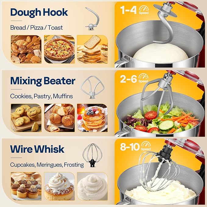 VIVOHOME Stand Mixer, 660W 10 Speed 6 Quart Tilt-Head Kitchen Electric Food Mixer with Beater, Dough Hook, Wire Whip and Egg Separator, Red
