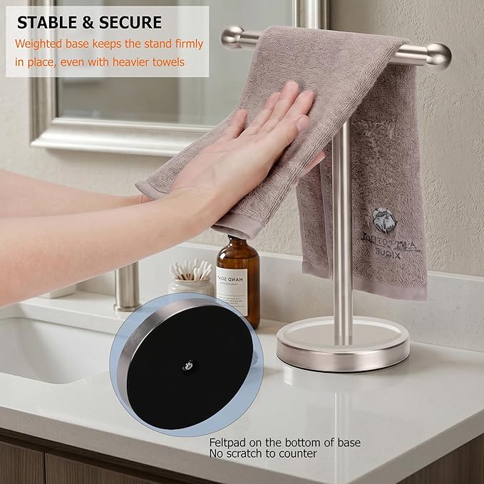 Hand Towel Holder Stand with Heavy Stainless Steel Base, T-Shape Towel Rack, Free-Standing Towel Holder Countertop for Bathroom (Brushed Nickel)