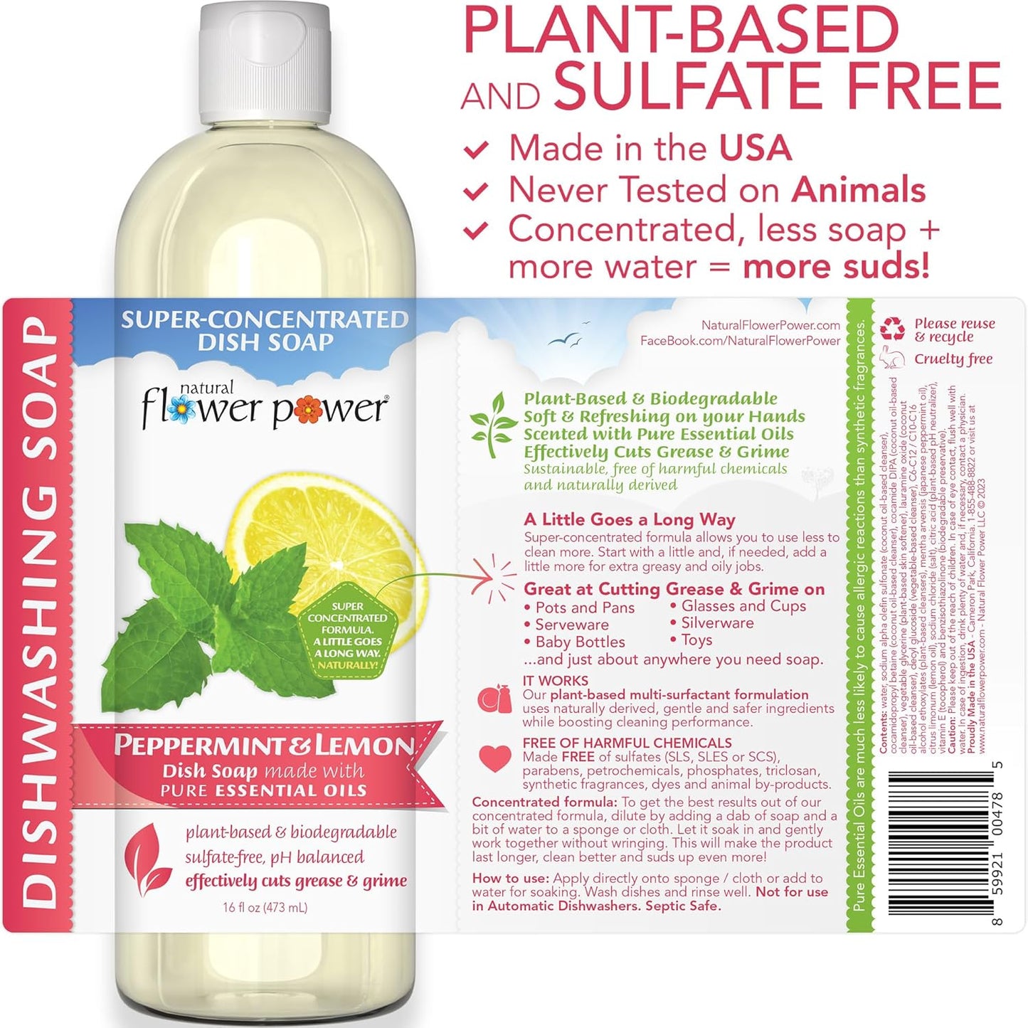 Plant-Derived Dish Soap - Sulfate-Free, Bio-Based, pH-Balanced, Vegan Cleaning Supplies - Variety Pack - Lavender + Lemongrass + Peppermint & Lemon - 3 x 16 oz