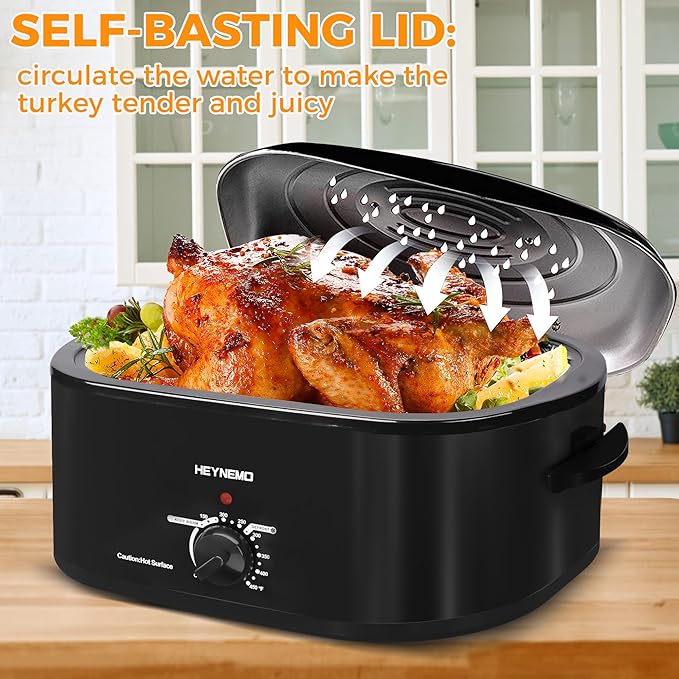 18 Quart Roaster Oven with Self-Basting Lid, Large Electric Turkey Roaster Oven with Defrost & Warm Function, Adjustable Temperature, Removable Pan & Rack, Stainless Steel, Black