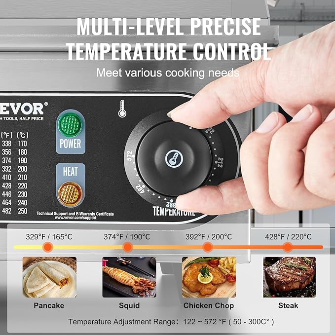 VEVOR Commercial Electric Griddle, 1700W Countertop Flat Top Grill, 14in Stainless Steel Griddle Grill with 2 Shovels and 2 Brushes for Home or Restaurant, 122℉-572 ℉ Adjustable Temp