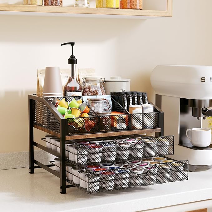 Homsorout Coffee Bar Organizer - Coffee Station for Countertop, Metal and Wood K Cup holder Storage Basket for Coffee Pods, Syrup, Cups, Stirrer, Coffee Condiment, Tea Organizer, Black and Brown