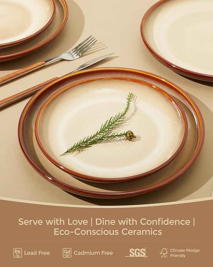 Ceramic Dish Set for 6, 18 Piece Dinnerware Set for Small to Medium Families, Reactive Glaze Design, Dishwasher & Microwave Safe, Brown Yellow