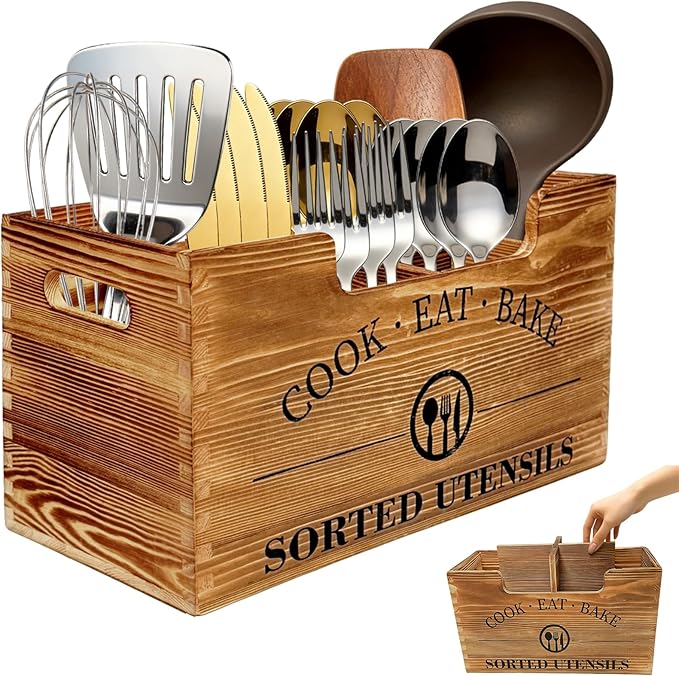 Upgraded Kitchen Utensil Holder for Counter or Countertop, Extra Large Utensil Holder with three Adjustable Combination Designs, Wooden Utensil Holder for Storage Cooking and Silverware