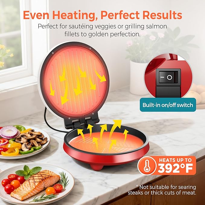 3-in-1 Electric Griddle & Panini Press - CACHOO 8" Nonstick Round Griddle and Sandwich Press with On/Off Switch, 180° Open Design, Perfect for Pancakes, Omelettes, Quesadillas, Veggies (Red/Beige)