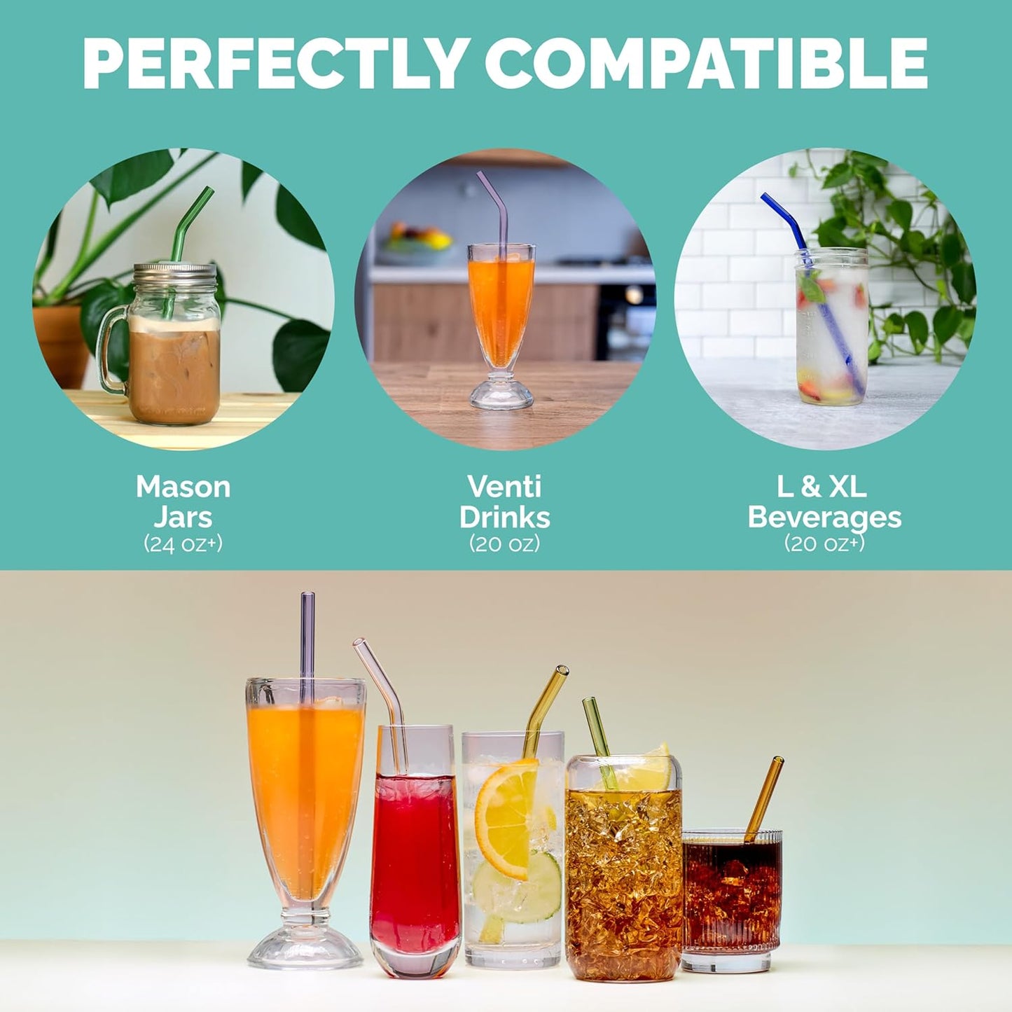 Simply Straws 10 Inch Glass Straws Straight (6-Pack) – Reusable Glass Straws for 24 Oz Mason Jars & Tumblers, with Cleaning Brush – Durable, Dishwasher Safe, Hot & Cold Use, BPA-Free (Air)