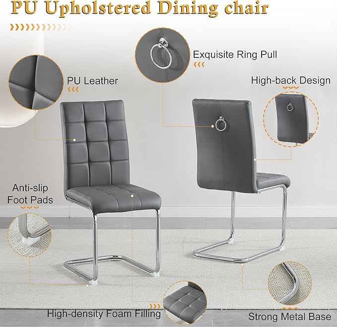 AF ARTISAN FURNITURE 37'' Square Glass Dining Table Set for 4, Kitchen Table Chairs Set of 4, Clear Silver Glass Dining Tables with Stainless Steel Legs, 4 Grey PU Dining Chairs, Living Room, Kitchen