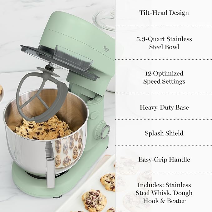 Martha Stewart  Tilt-Head Stand Mixer, 12 Speed, 5.3QT Stainless Steel Bowl, Splash Guard with Pour Chute, Whisk, Dough Hook, Flat Beater, Electric Kitchen Baking Mixer, Bread, Cake, Whip, Honeydew