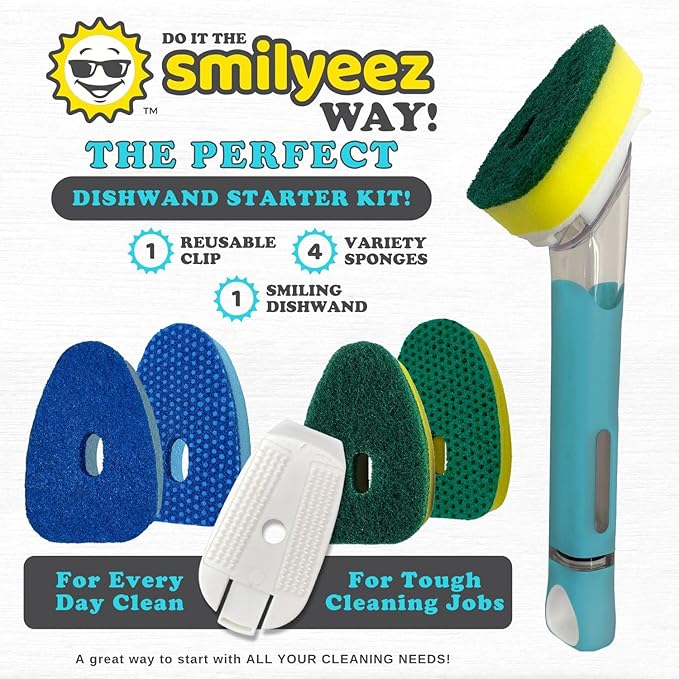 The Original Smiling Handle with Soap Dispensing for Scrub Daddy (Reg. TM) Sponge and Scrub Moji Sponges with Smilyeez Caddy, Dishwand, & 2 Scrub Mojis (White & Grey)