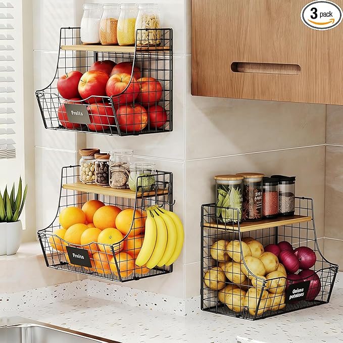 3 Pack wire Fruit Basket for Kitchen with Wood Lid - Counter&Wall Mounted Onion and Potato Storage with Nameplate, Hanging Baskets for Vegetable,11.81 * 10.63 * 8.66 Inch