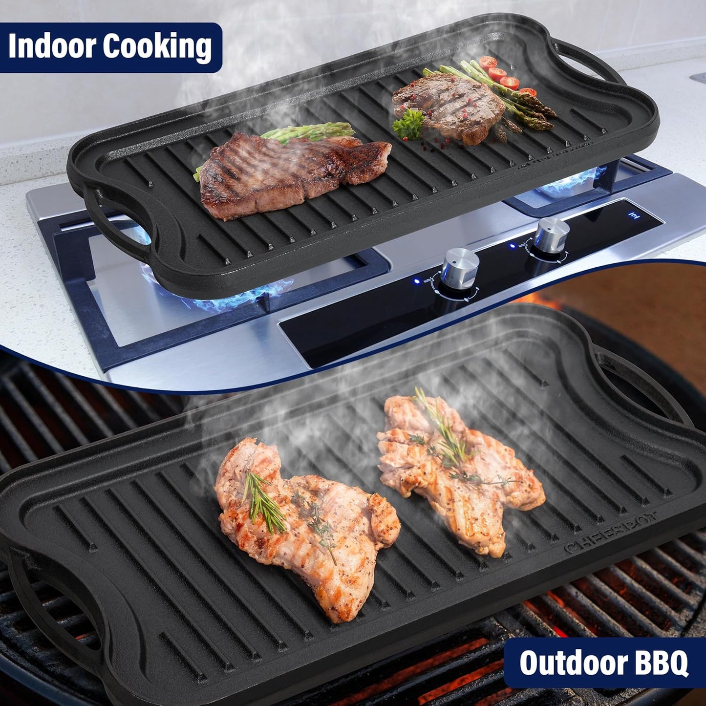 Griddle Pan for Stove Top – 20" Reversible Cast Iron Double Burner Griddle Plate, Multi-Use Preseasoned Pancake Pan with Handles - Works on most Stovetops, Grills, and Fire