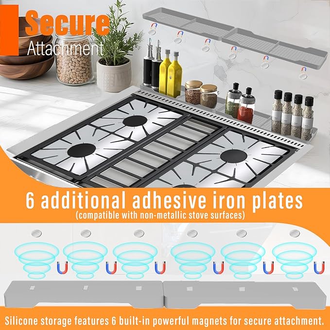 Stove Gap Covers Stainless Steel 2PC(0.08"–0.7"W,13.8"–27.5"L)+4PC Gas Burner Covers+2PC Oven Liners+30"(2x15") Silicone Magnetic Stove Shelf|Universal Gas Stove Accessory Bundle Bonus 3 Brushes