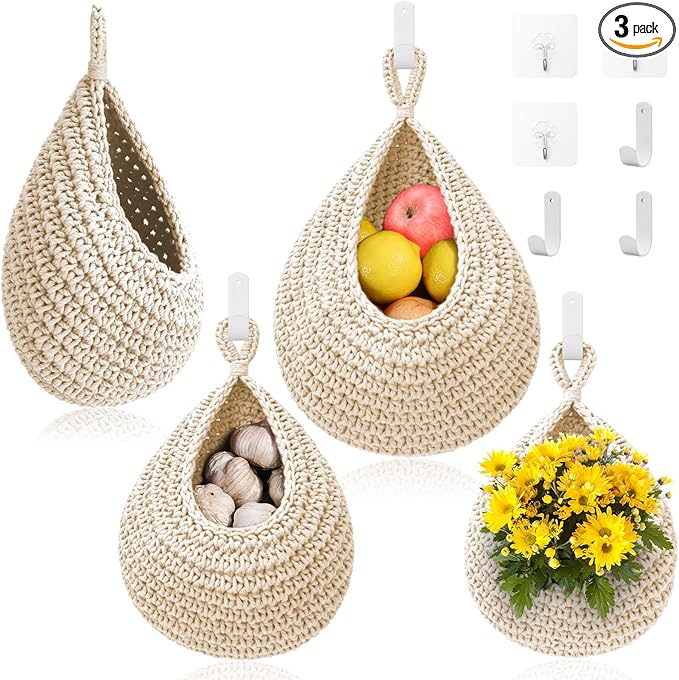 Hanging Fruit Baskets for Kitchen - 3 Pack Boho Wall Hanging Basket with 6 Pcs Strong Hooks, Handwoven Onion Storage Teardrop Home Onion Basket for Fruits Vegetable Potato Kitchen Storage (White)
