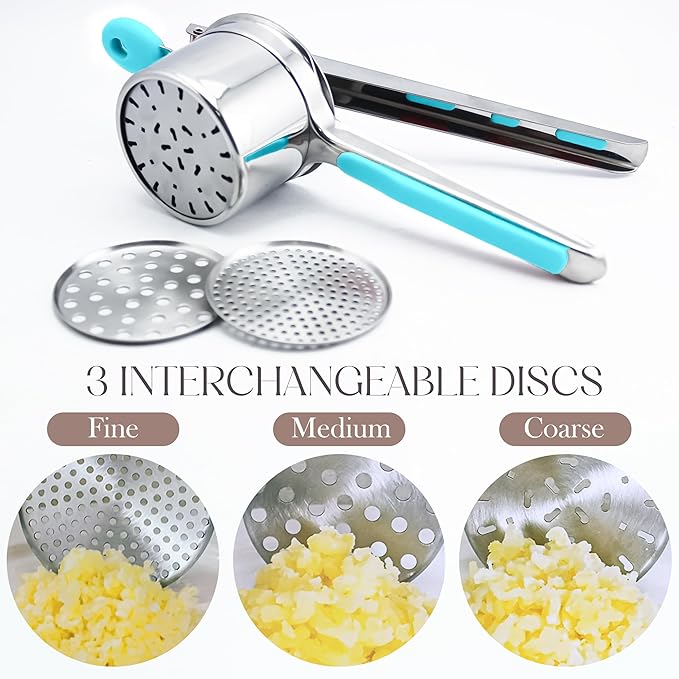 Bellemain Potato Ricer 15 oz with 3 Interchangeable Discs Mash Potato Masher Stainless Steel, Sweet Potato Masher Kitchen Tool Spaetzle Maker Press, Khuon Banh Lot, Spaetzle Noodle(AQUA BLUE), Medium